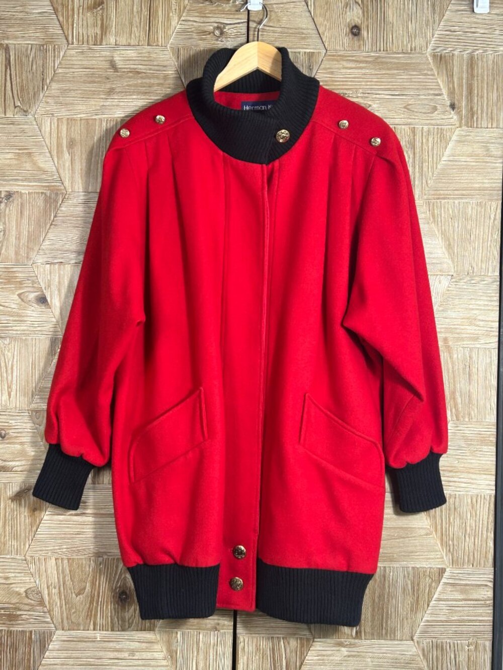 Herman Kay Vintage 80s Vintage Red Wool Blend Long Coat Black Trim Size 12